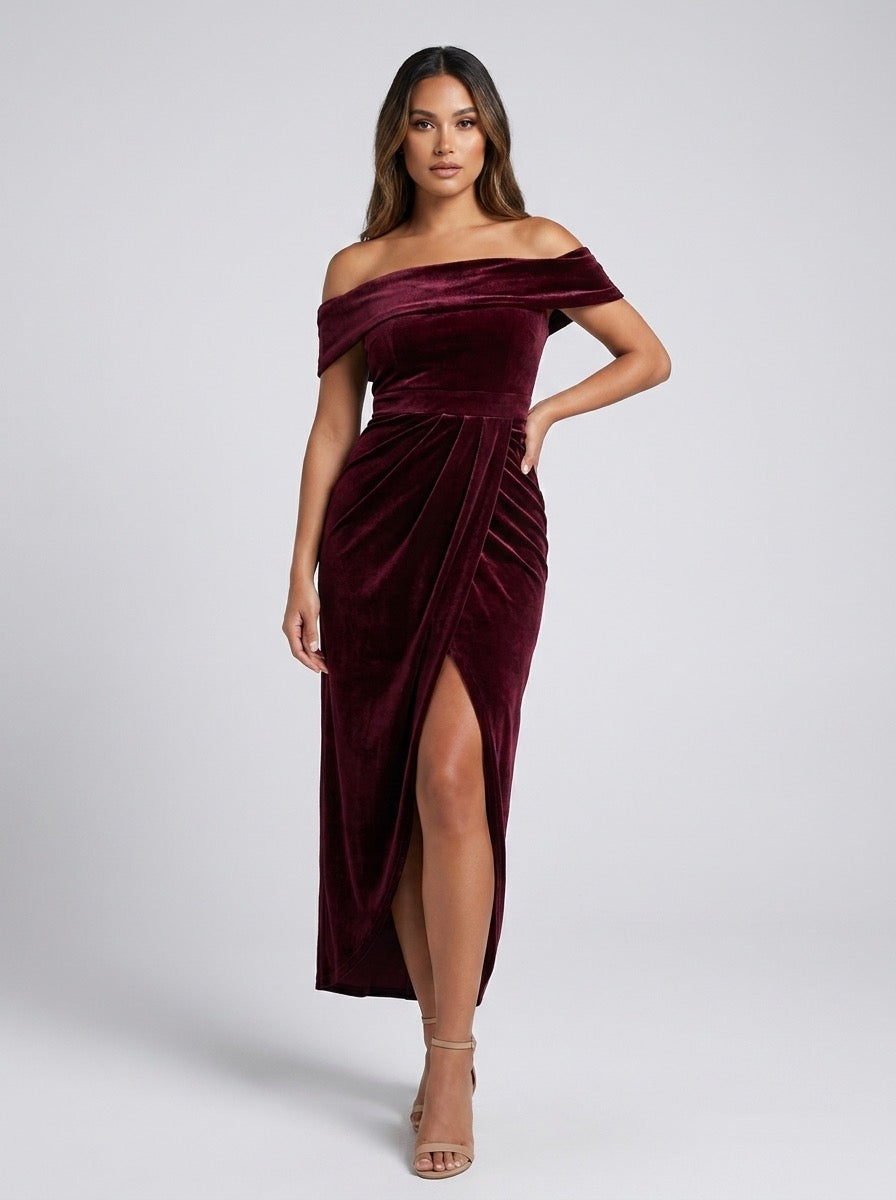 Severa Off-Shoulder Velvet Wrap Dress on model