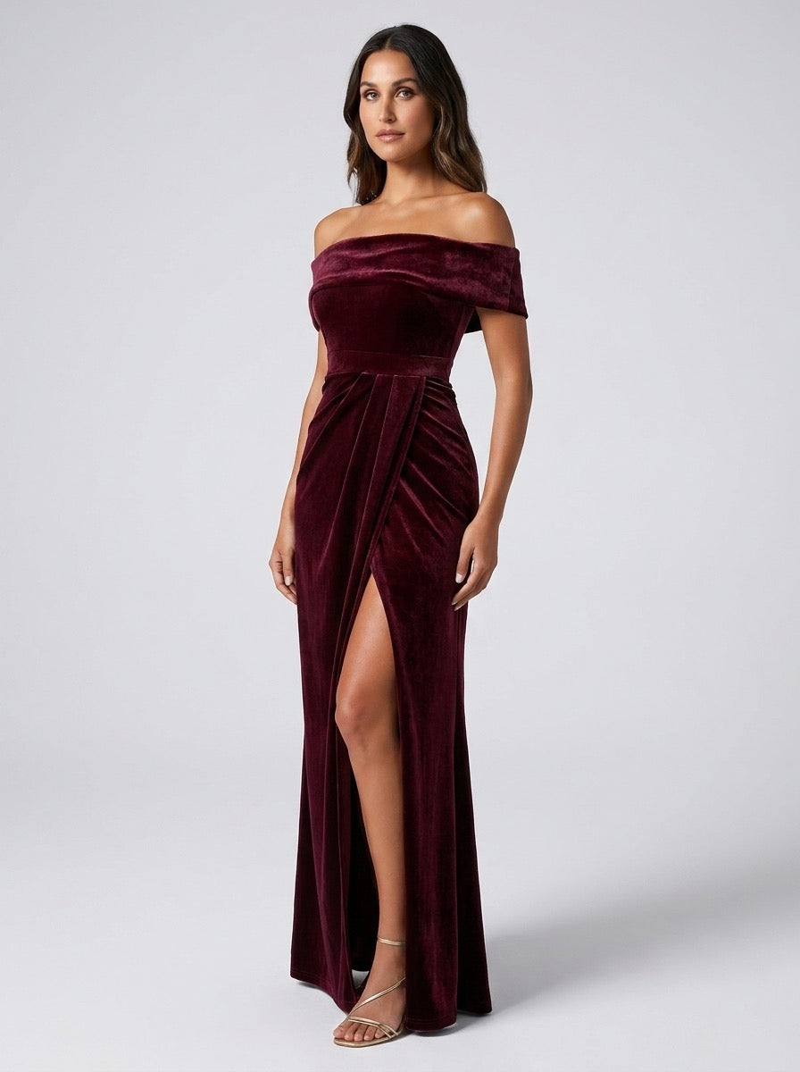 Severa Off-Shoulder Velvet Wrap Dress on model