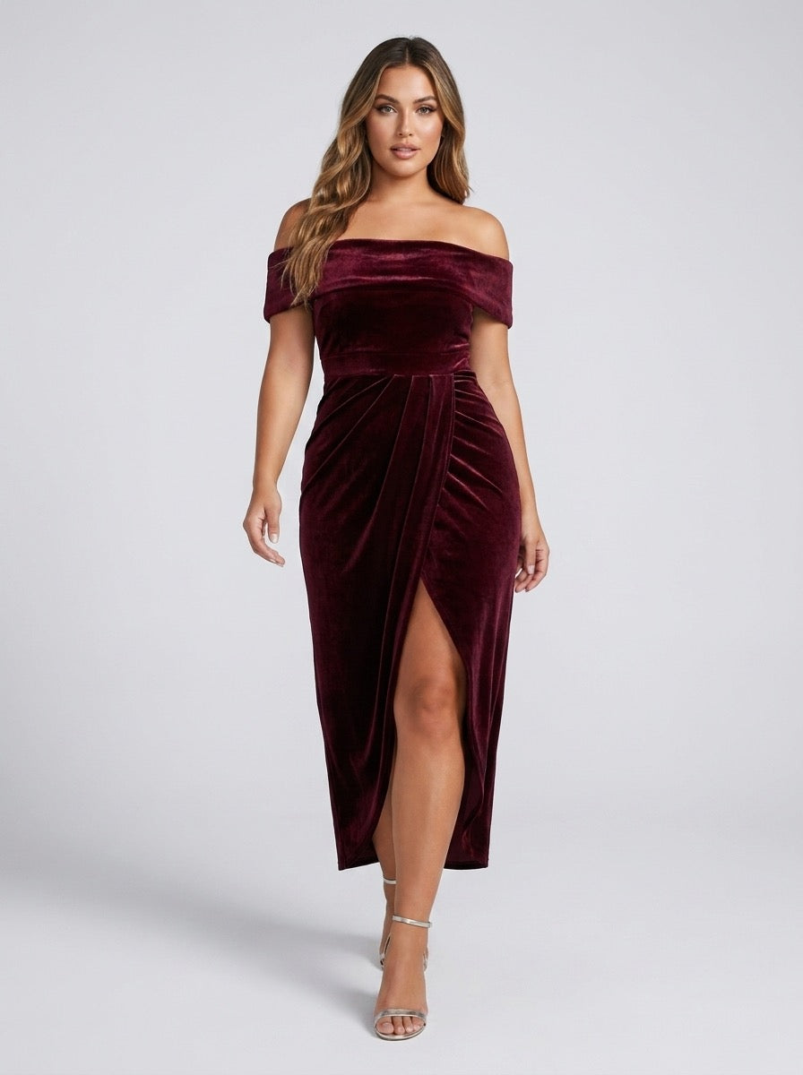 Severa Off-Shoulder Velvet Wrap Dress on model