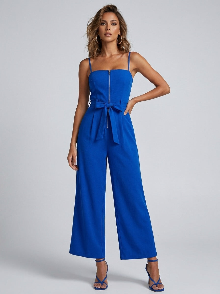 Severina Strapless Zip-Front Wide-Leg Jumpsuit on model