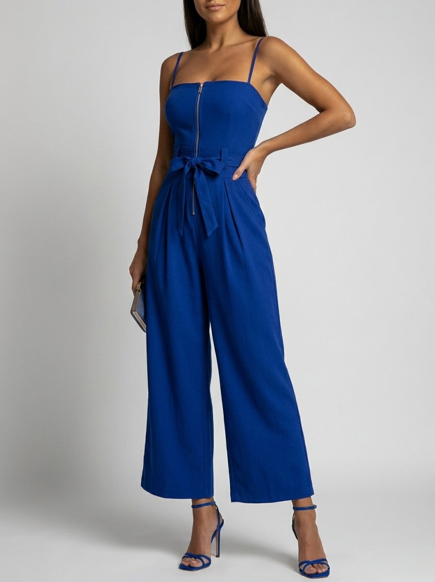 Severina Strapless Zip-Front Wide-Leg Jumpsuit on model