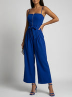 Severina Strapless Zip-Front Wide-Leg Jumpsuit on model