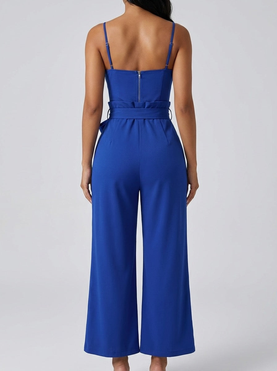 Severina Strapless Zip-Front Wide-Leg Jumpsuit on model