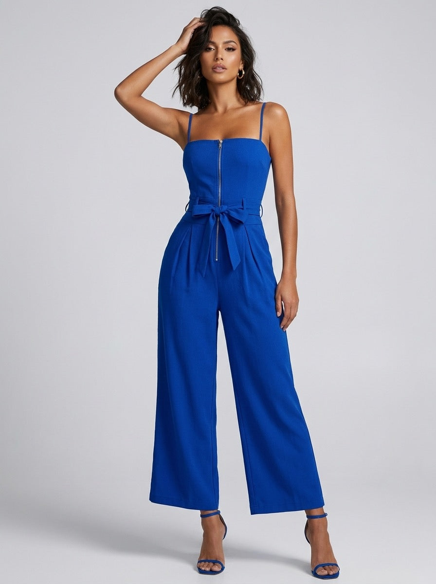 Severina Strapless Zip-Front Wide-Leg Jumpsuit on model