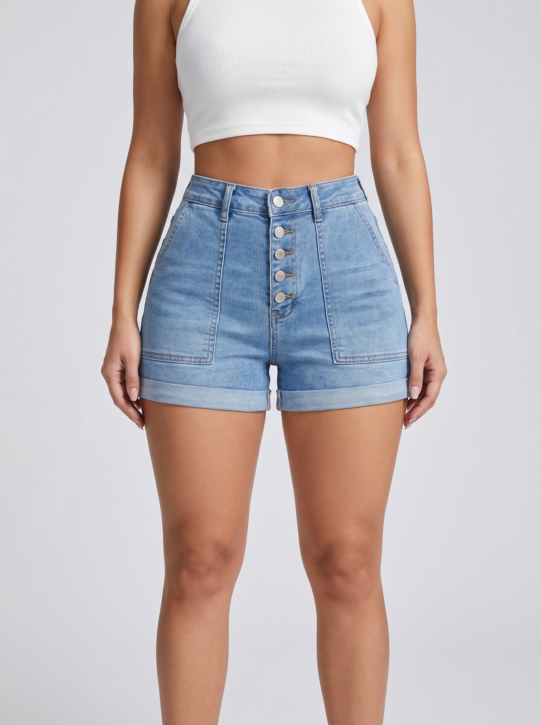 Sienna High-Waist Cuffed Denim Shorts on model