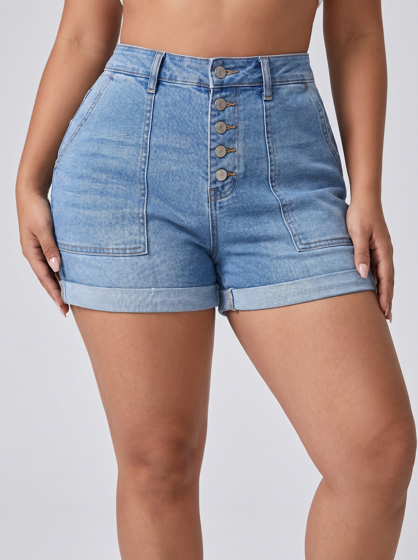 Sienna High-Waist Cuffed Denim Shorts on model