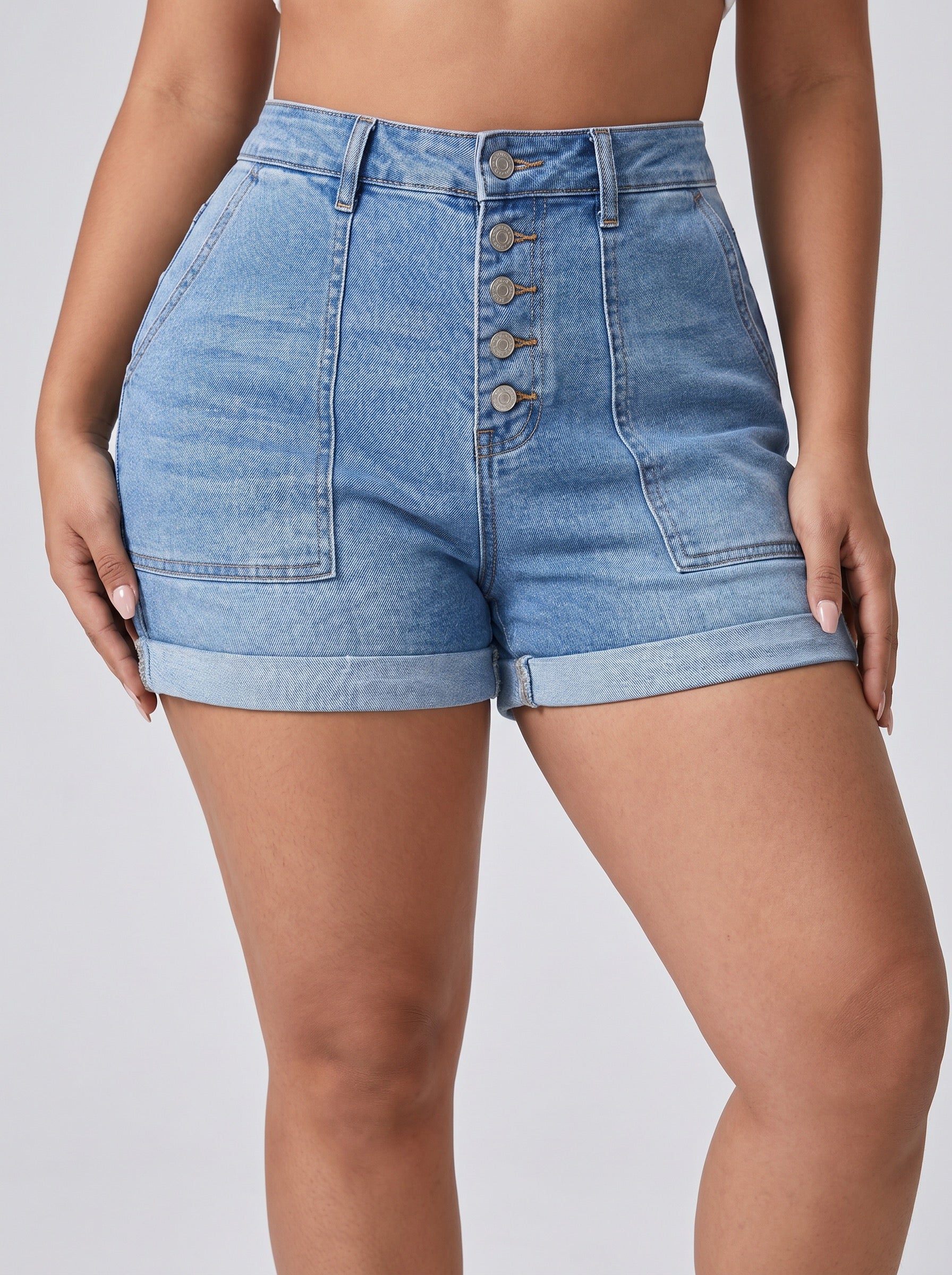 Sienna High-Waist Cuffed Denim Shorts on model