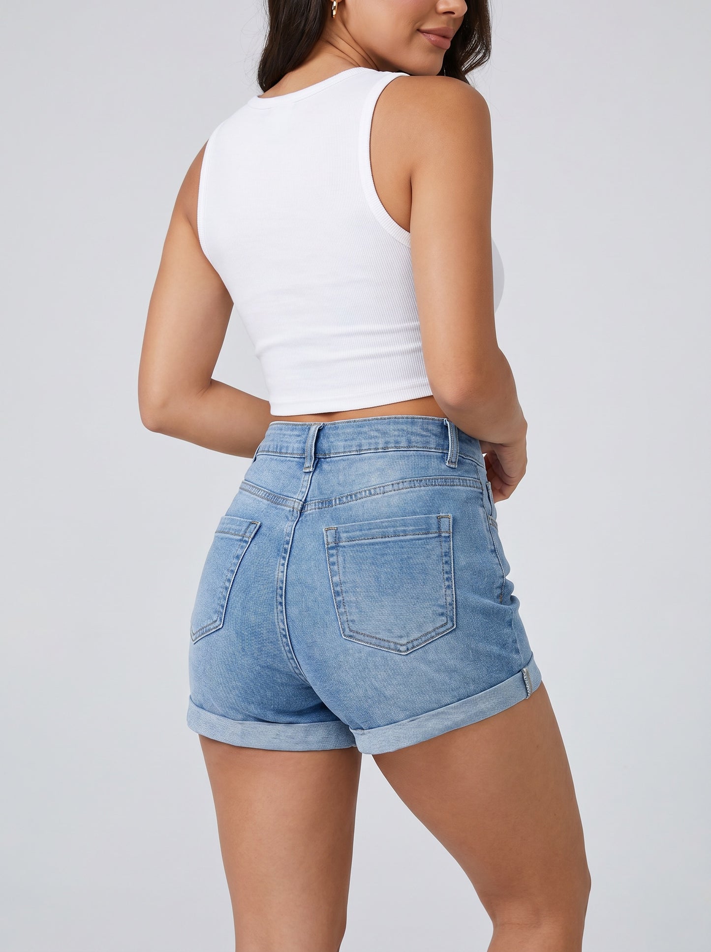 Sienna High-Waist Cuffed Denim Shorts on model