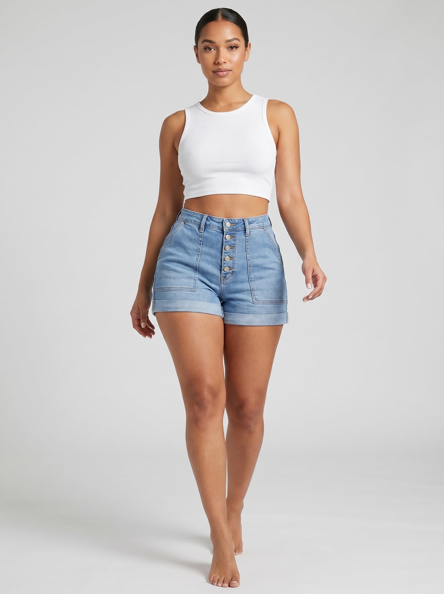 Sienna High-Waist Cuffed Denim Shorts on model