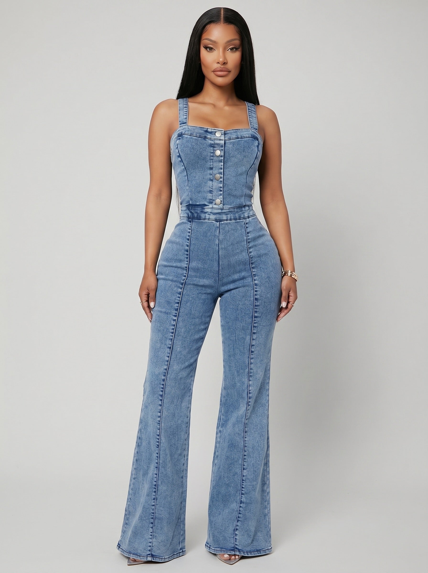 Sofia Washed Denim Wide-Leg Jumpsuit on model