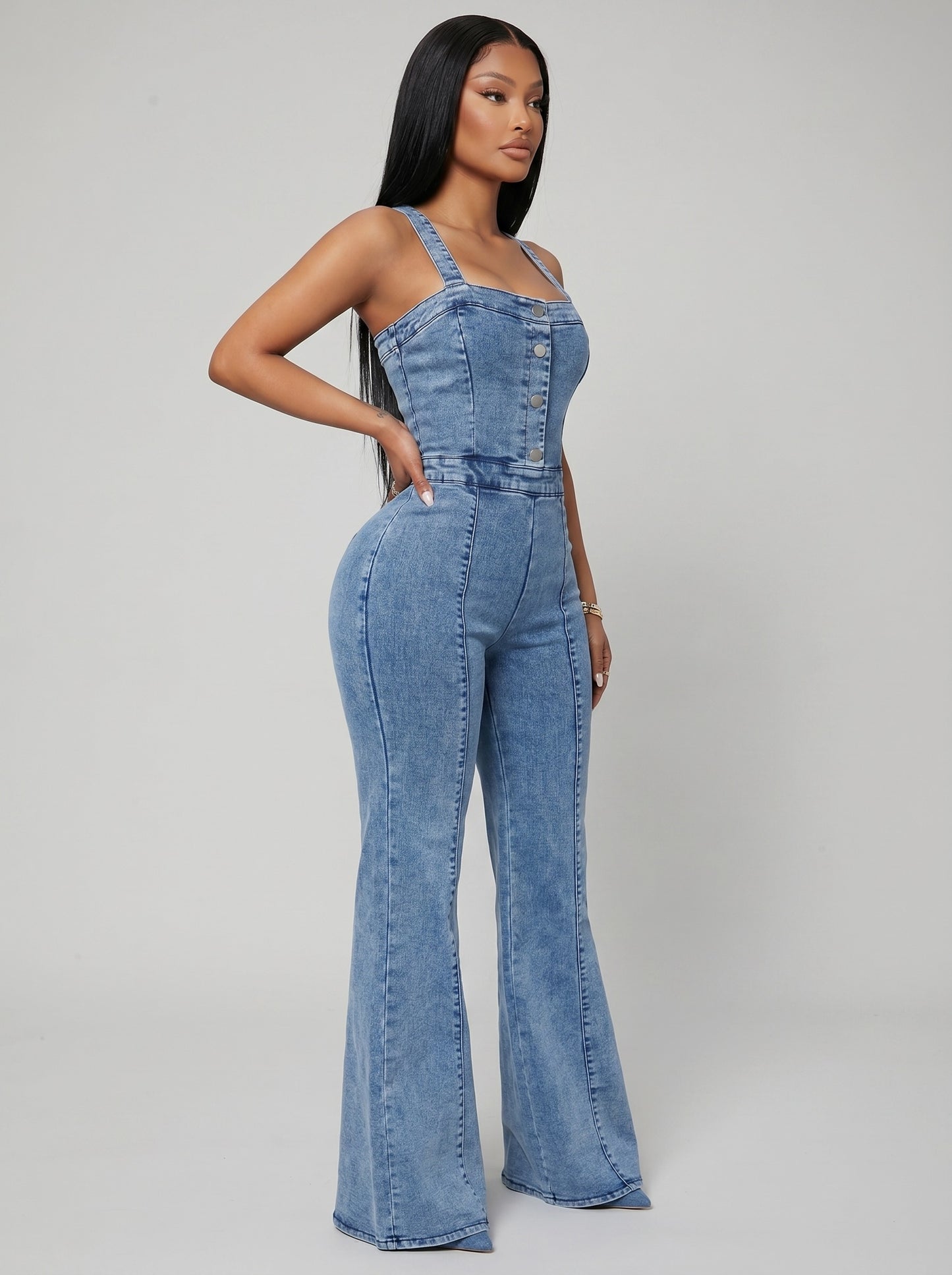 Sofia Washed Denim Wide-Leg Jumpsuit on model
