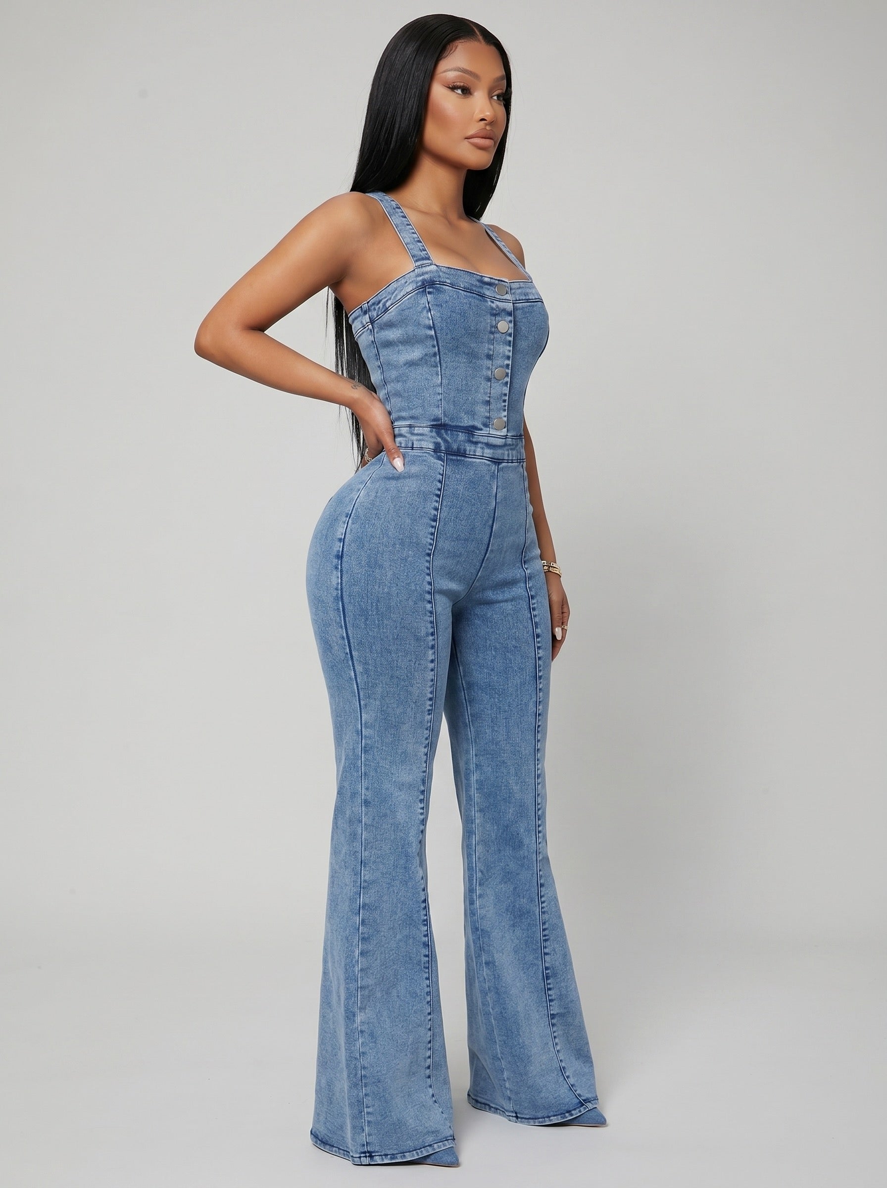 Sofia Washed Denim Wide-Leg Jumpsuit on model