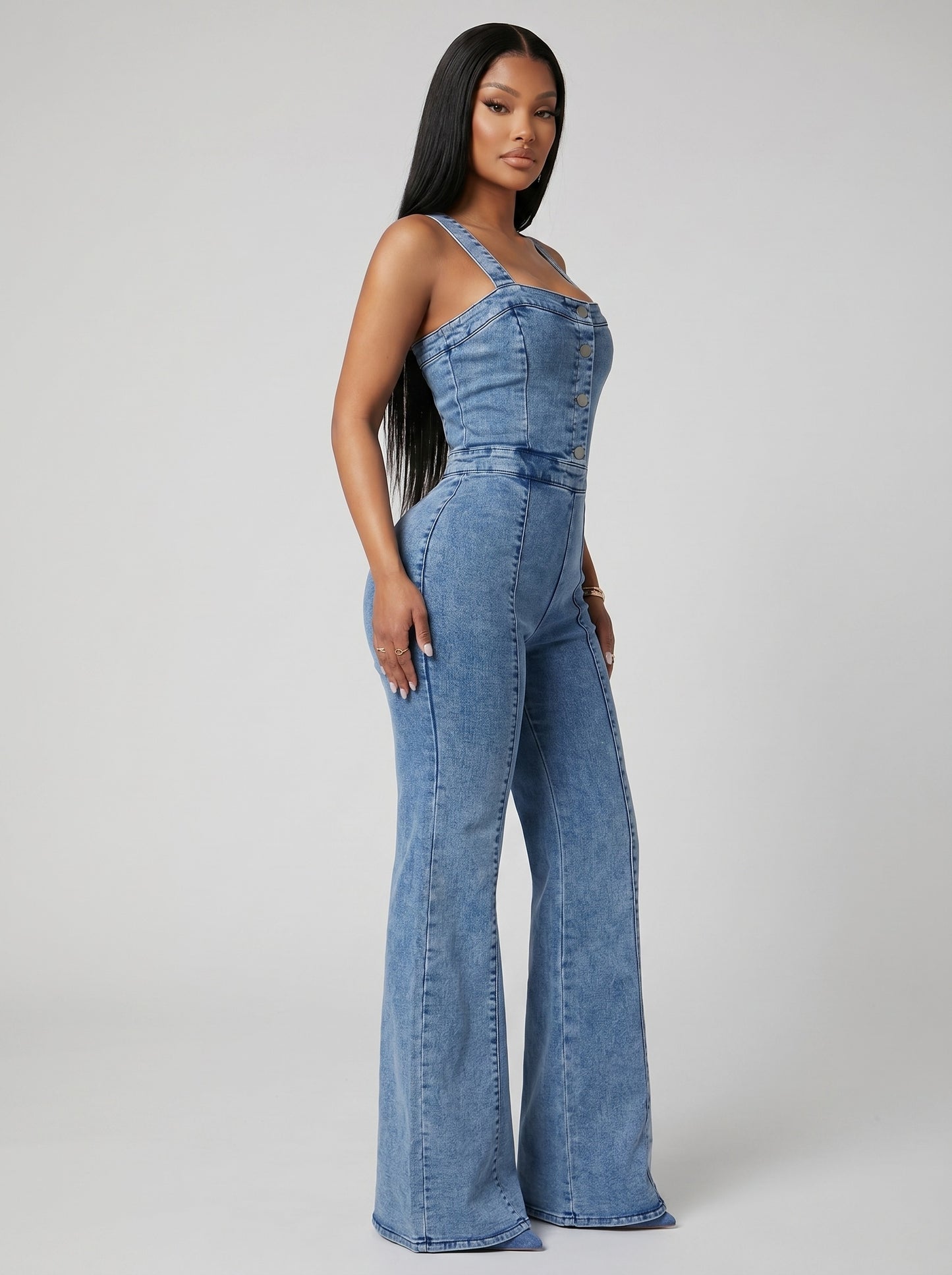 Sofia Washed Denim Wide-Leg Jumpsuit on model