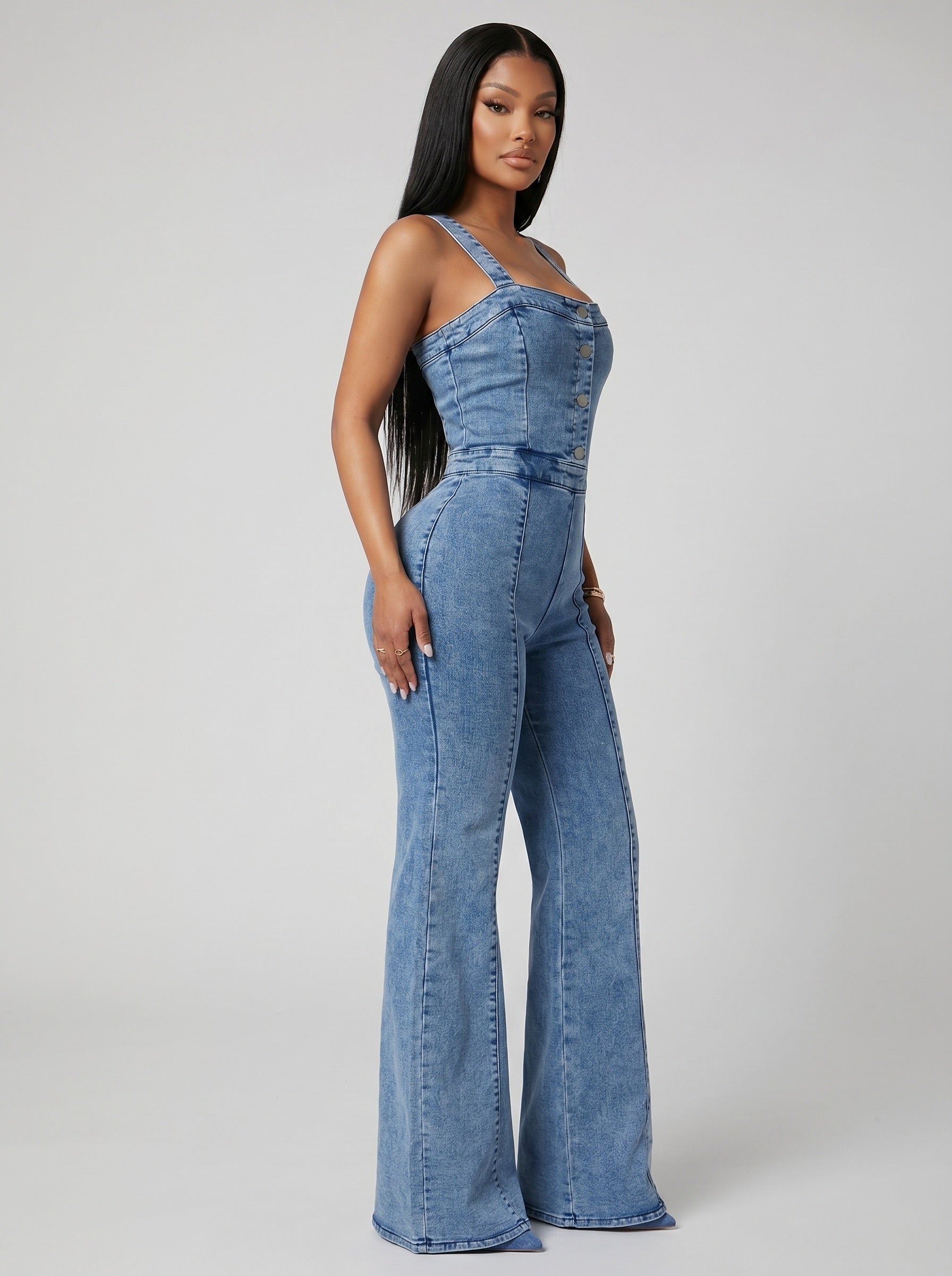Sofia Washed Denim Wide-Leg Jumpsuit on model