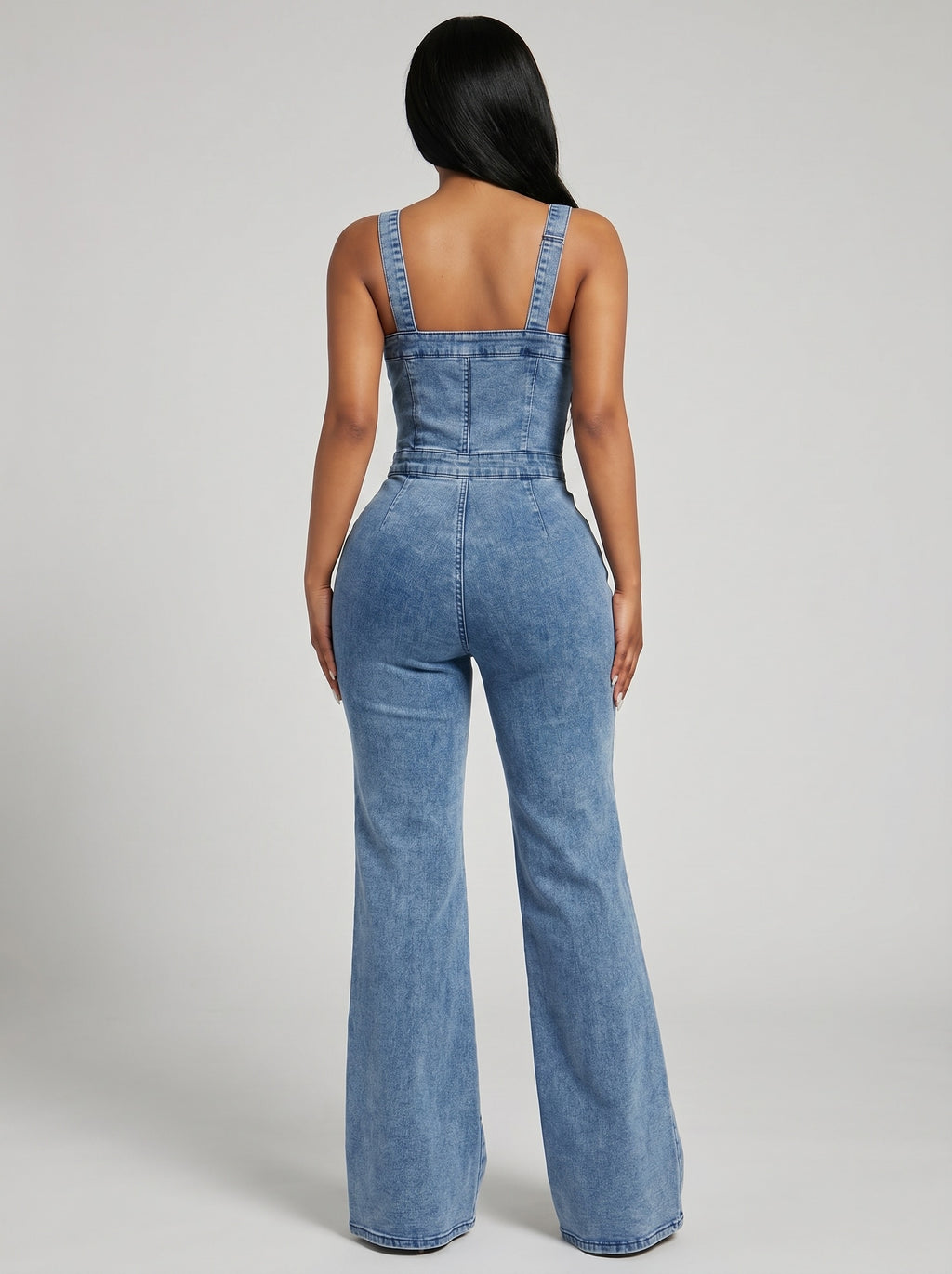 Sofia Washed Denim Wide-Leg Jumpsuit on model