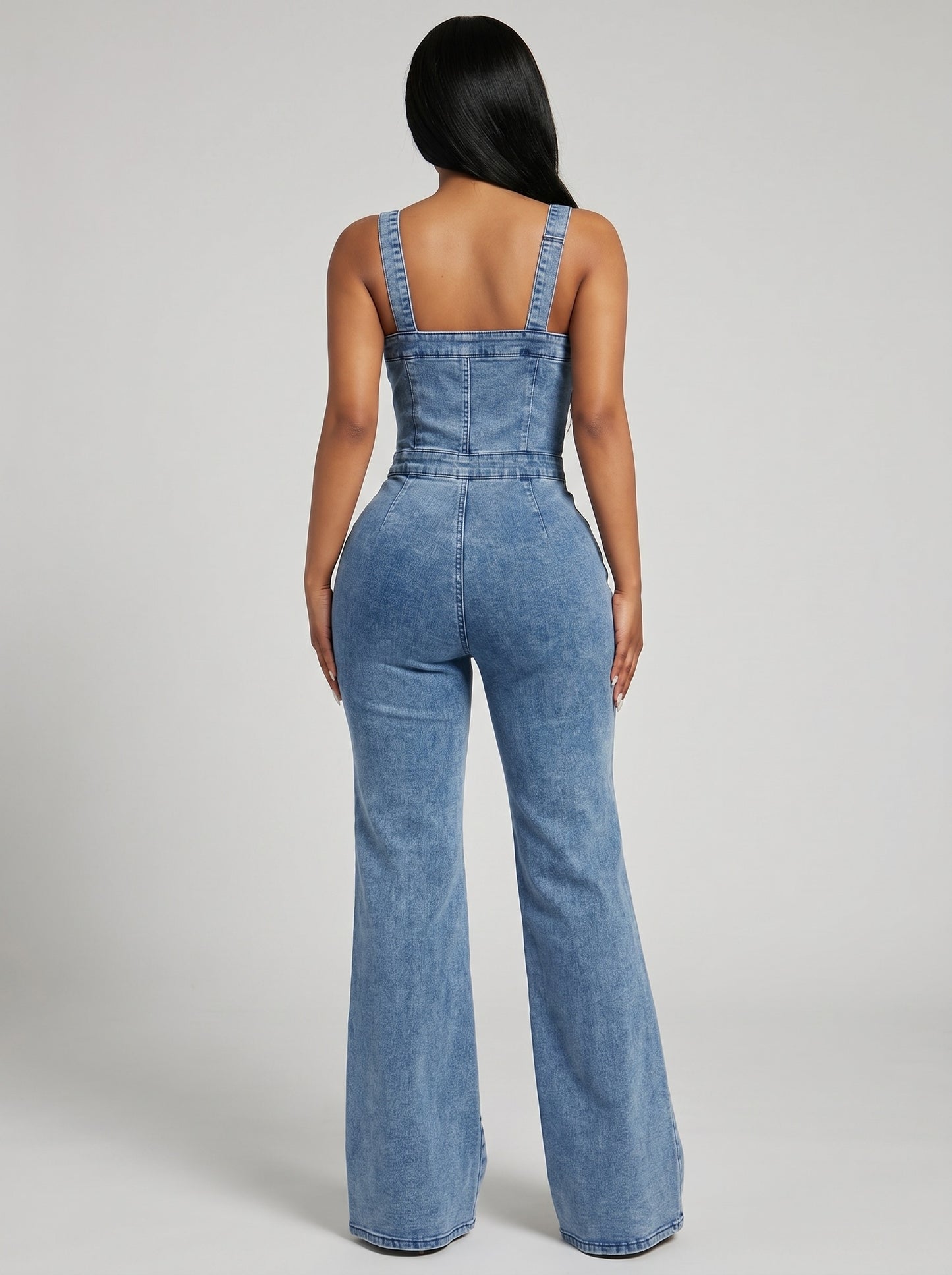 Sofia Washed Denim Wide-Leg Jumpsuit on model