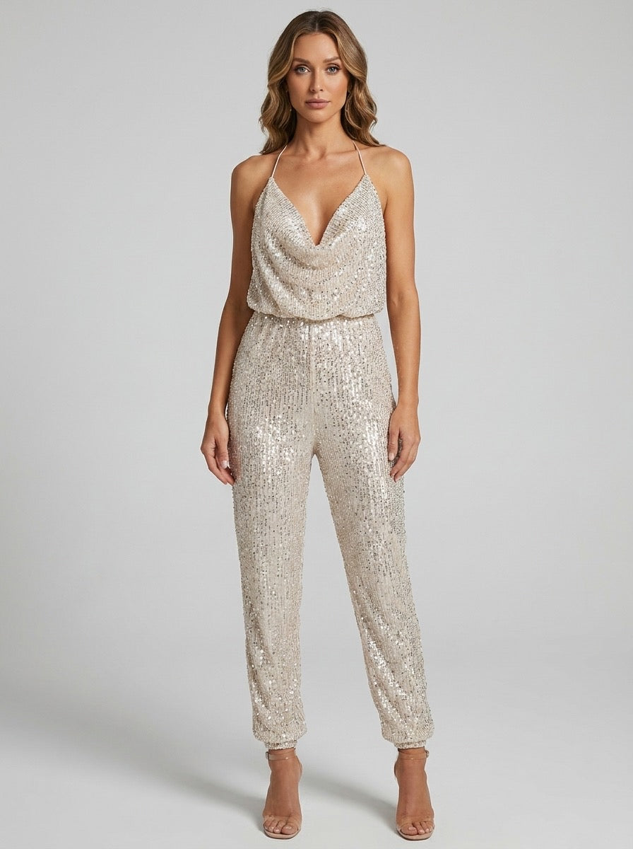 Solara Sequin Cowl-Neck Playsuit on model