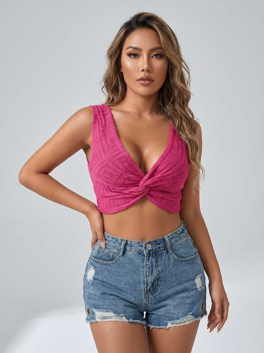 Albachiara Twist-Front Knit Halter Crop Top on model