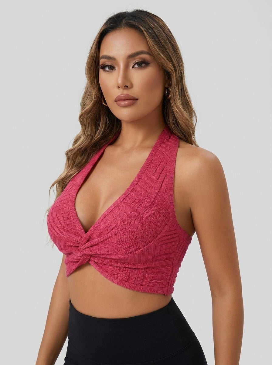 Albachiara Twist-Front Knit Halter Crop Top on model