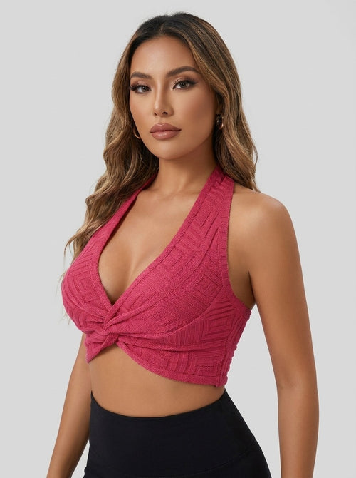 Albachiara Twist-Front Knit Halter Crop Top on model