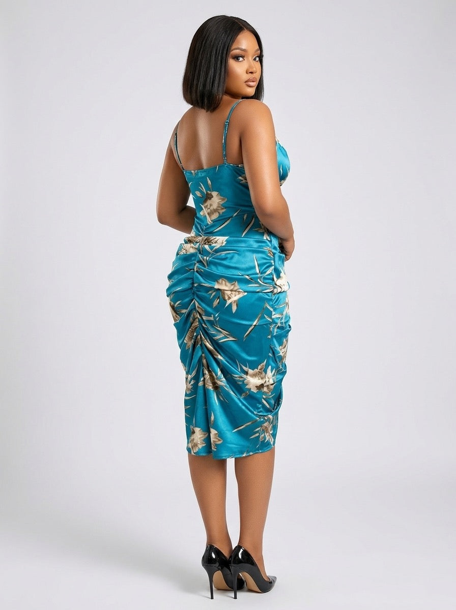 Sveva Floral Satin Cowl-Neck Ruched Slip Midi Dress on model