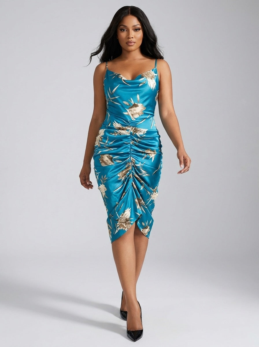 Sveva Floral Satin Cowl-Neck Ruched Slip Midi Dress on model
