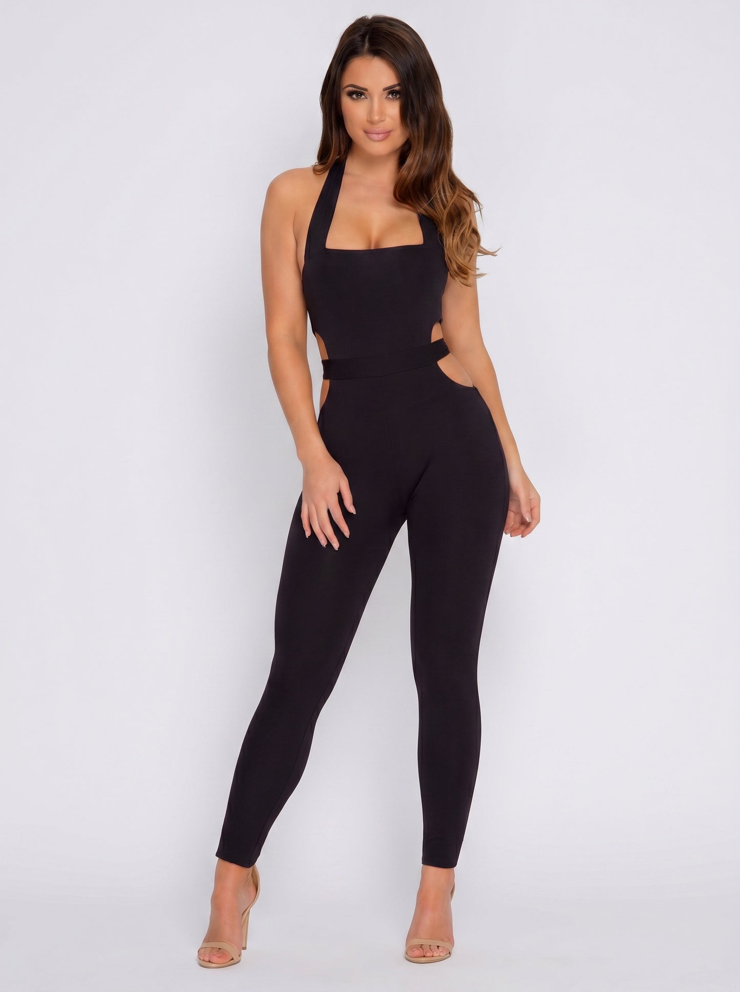 Talia Halter Bodycon Jumpsuit on model