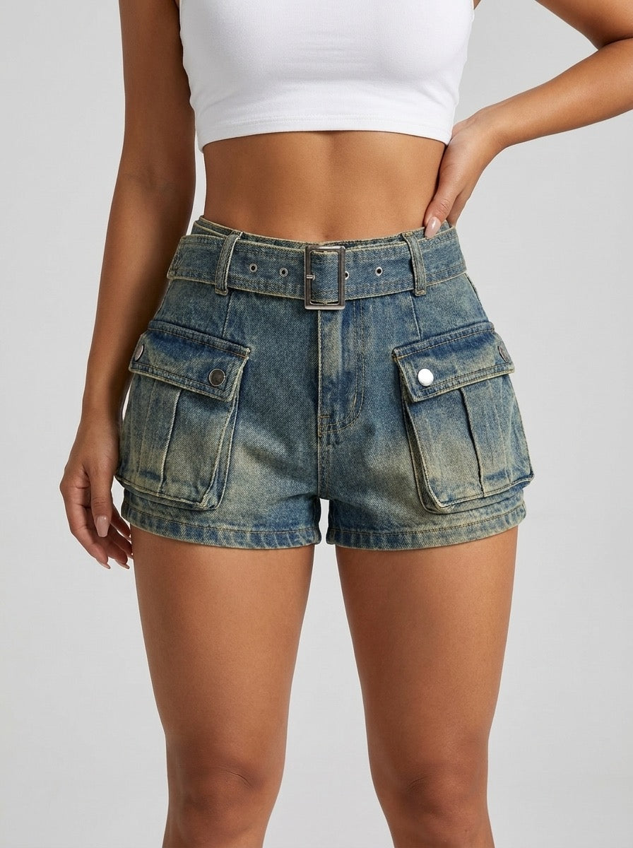 Tarsilla Belted Cargo Denim Shorts on model
