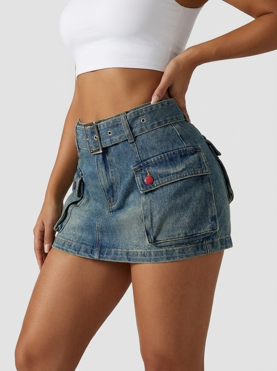 Tarsilla Belted Cargo Denim Shorts on model