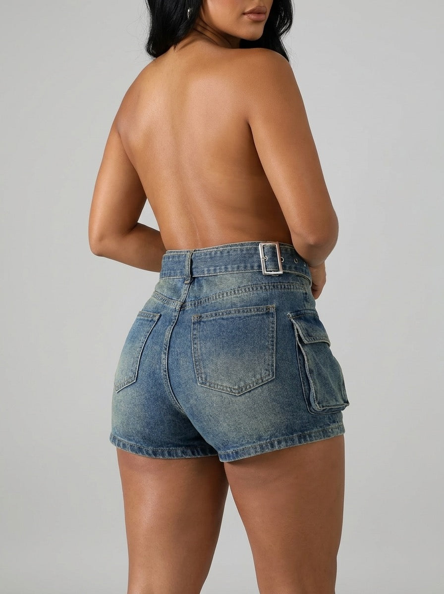 Tarsilla Belted Cargo Denim Shorts on model