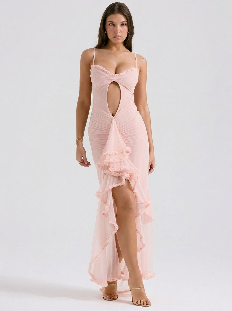 Tatiana Ruffle Mesh Fishtail Maxi Dress on model