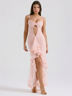 Tatiana Ruffle Mesh Fishtail Maxi Dress on model