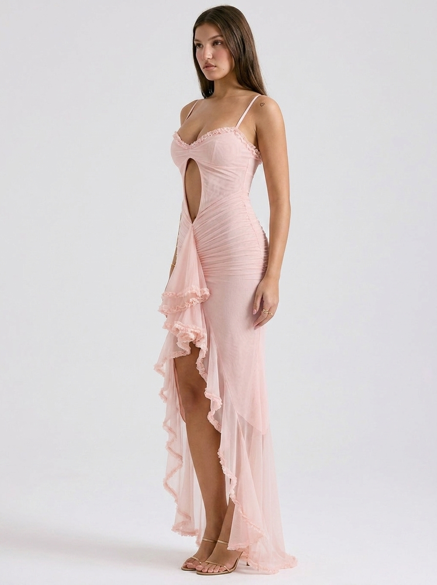 Tatiana Ruffle Mesh Fishtail Maxi Dress on model