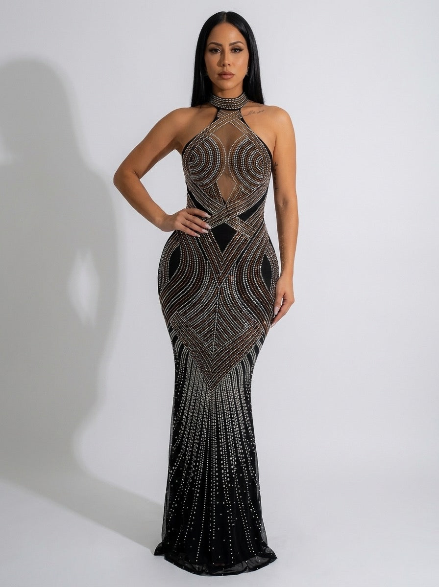 Tiziana Rhinestone Halter Mesh Maxi Gown on model
