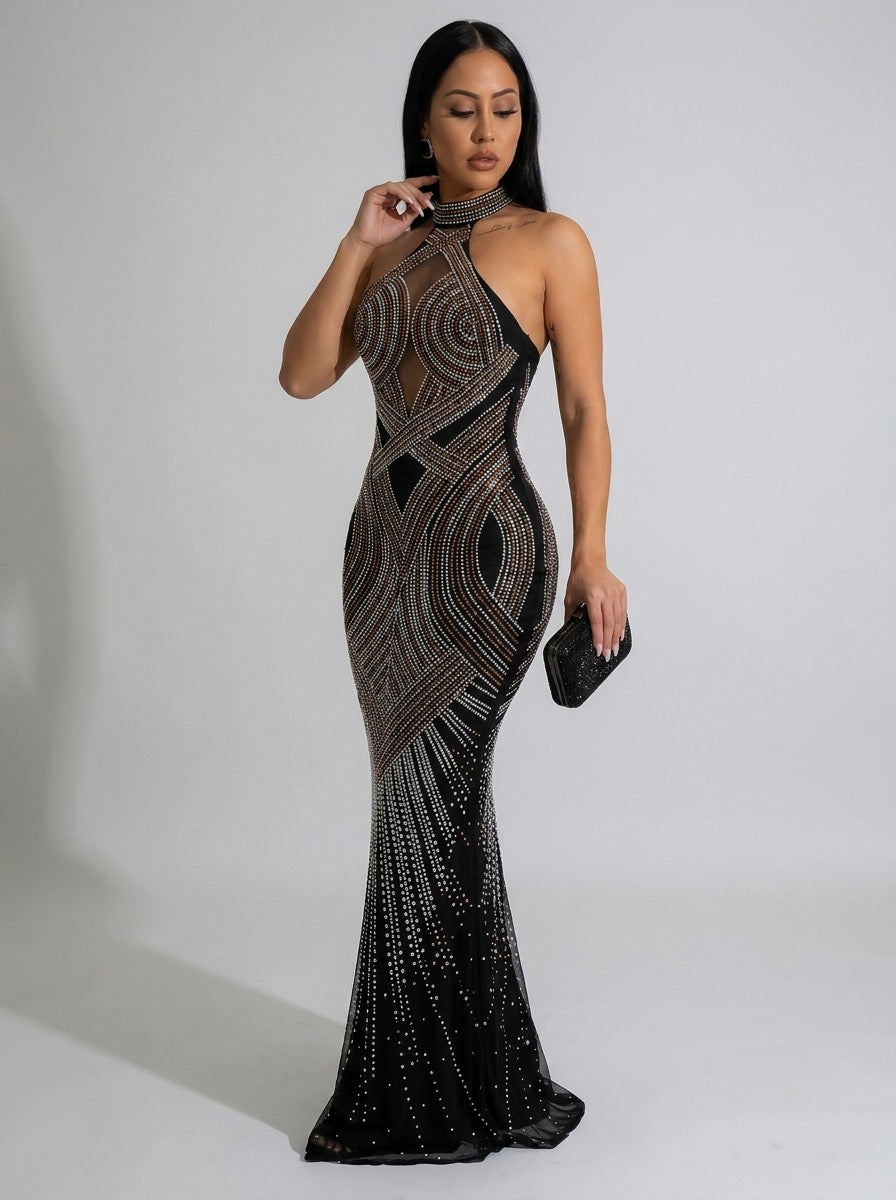 Tiziana Rhinestone Halter Mesh Maxi Gown on model