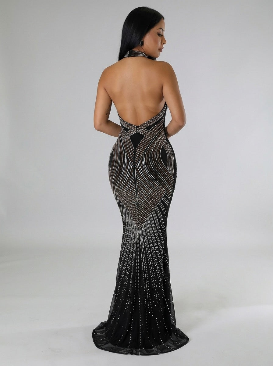 Tiziana Rhinestone Halter Mesh Maxi Gown on model