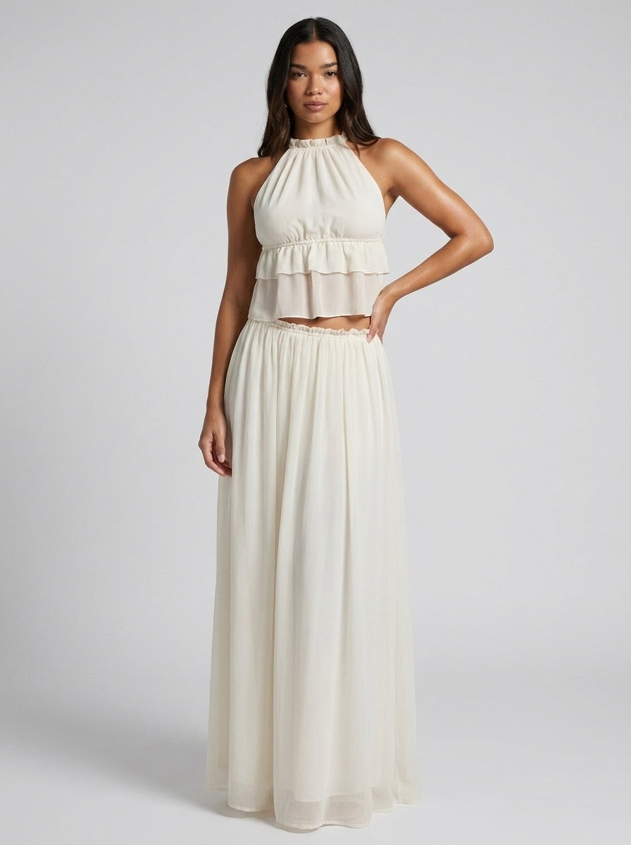 Tullia Halter Ruffle Crop Top & Maxi Skirt Set on model