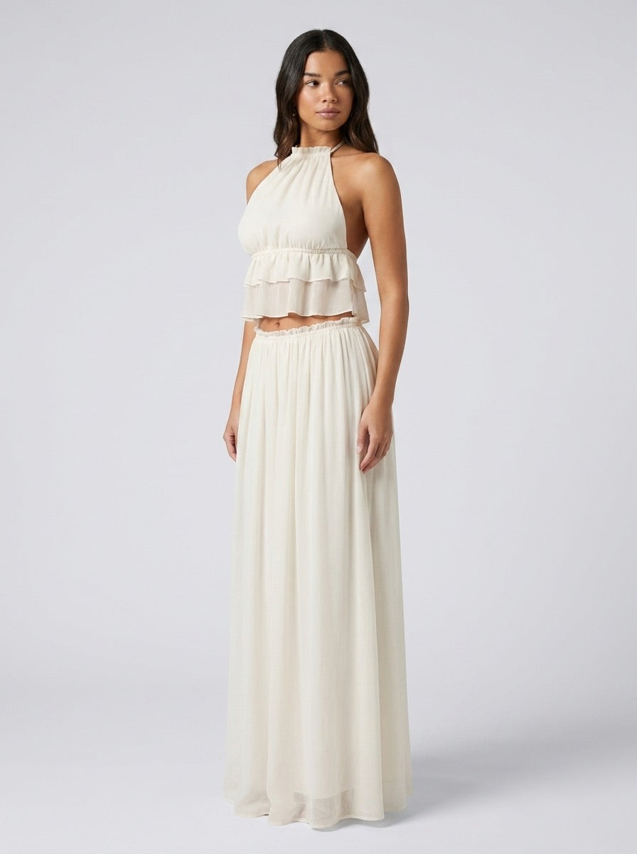 Tullia Halter Ruffle Crop Top & Maxi Skirt Set on model