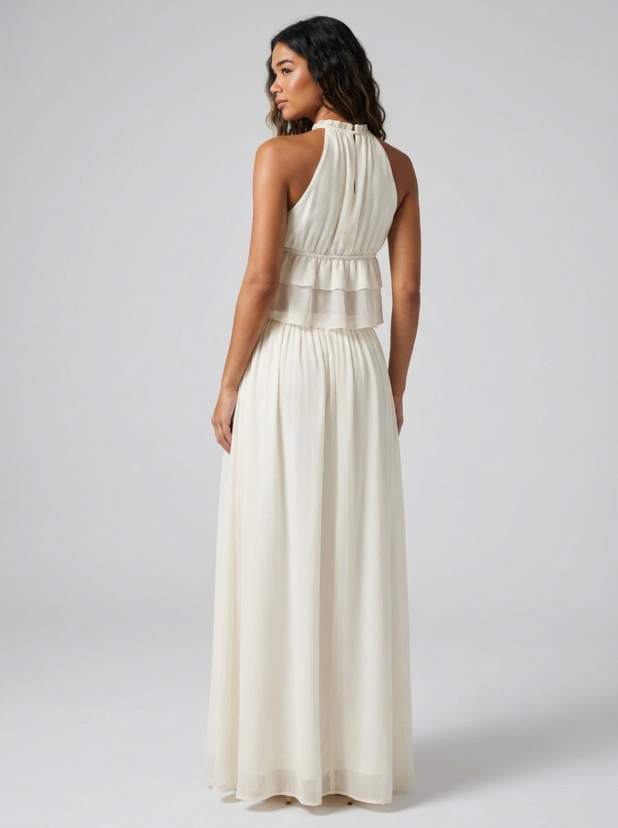 Tullia Halter Ruffle Crop Top & Maxi Skirt Set on model