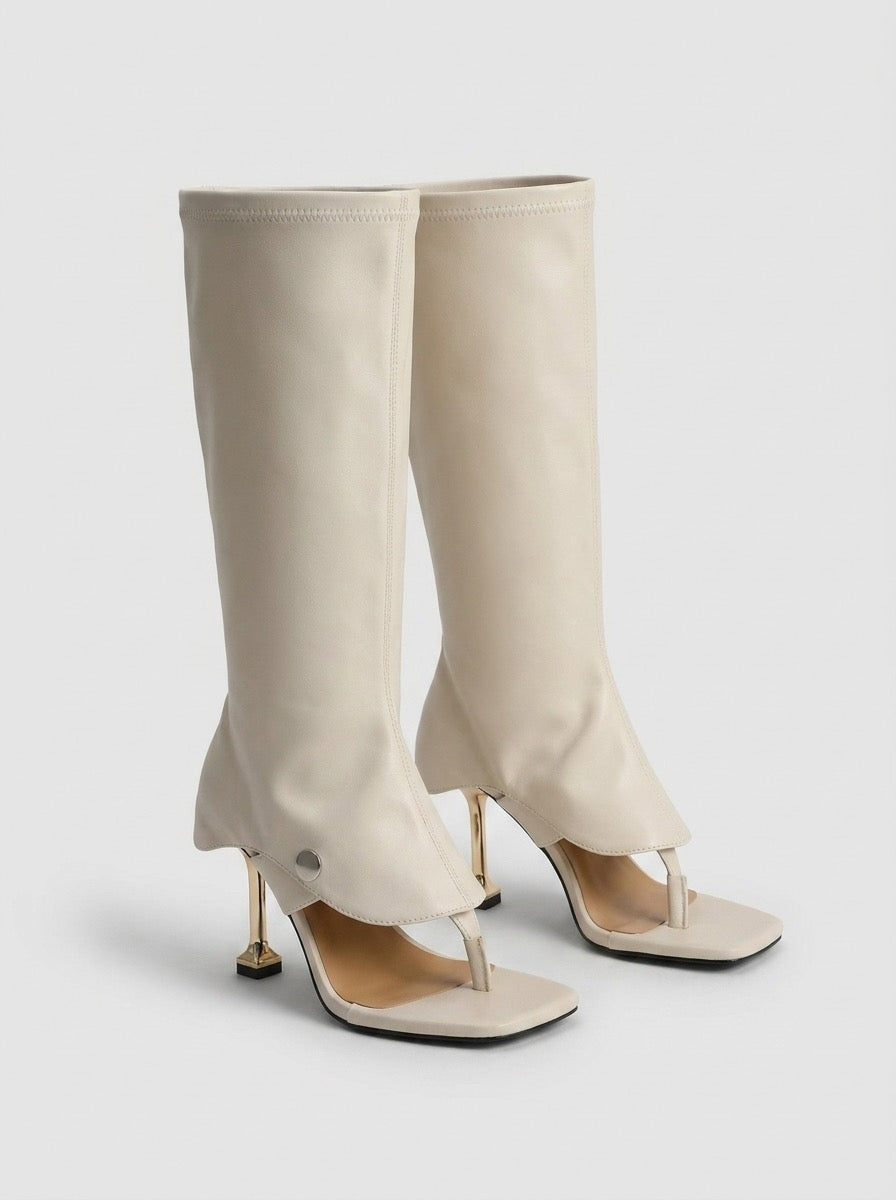 Venusta Square-Toe Toe-Loop Heeled Sandals on model