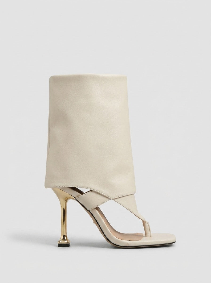 Venusta Square-Toe Toe-Loop Heeled Sandals on model