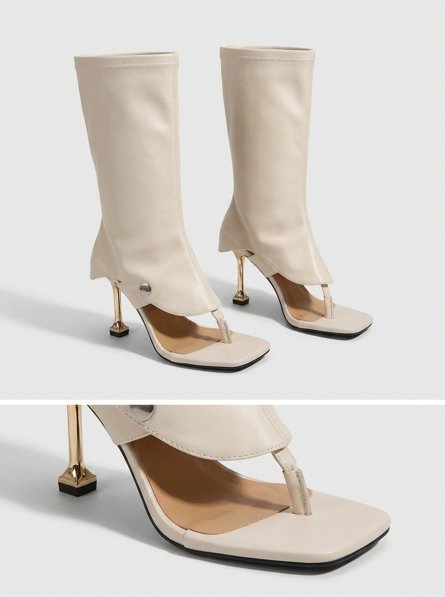 Venusta Square-Toe Toe-Loop Heeled Sandals on model