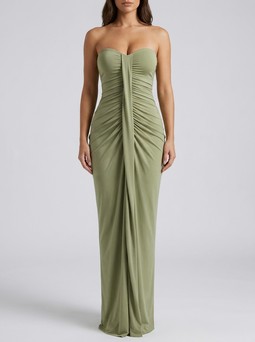 Veronica Ruched Strapless Maxi Gown on model