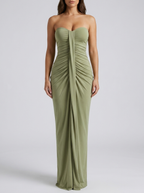 Veronica Ruched Strapless Maxi Gown on model