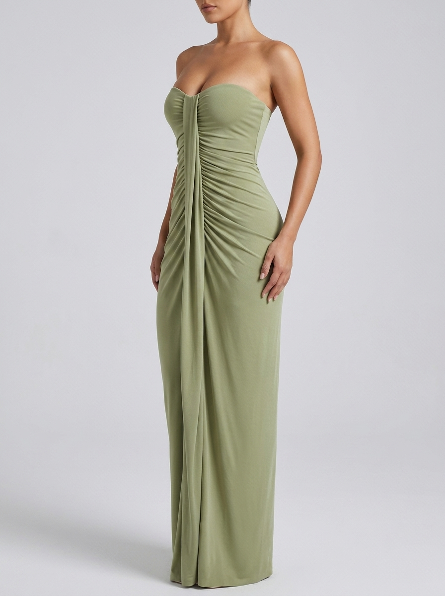 Veronica Ruched Strapless Maxi Gown on model