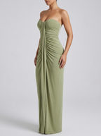 Veronica Ruched Strapless Maxi Gown on model