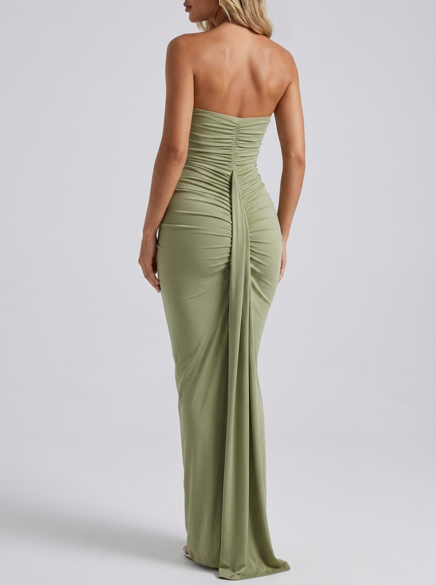 Veronica Ruched Strapless Maxi Gown on model