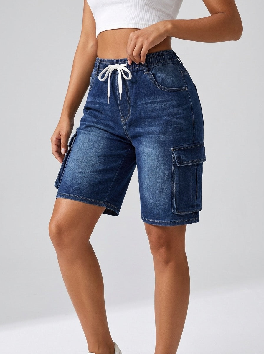 Vincenza Elastic-Cord Cargo Denim Shorts on model