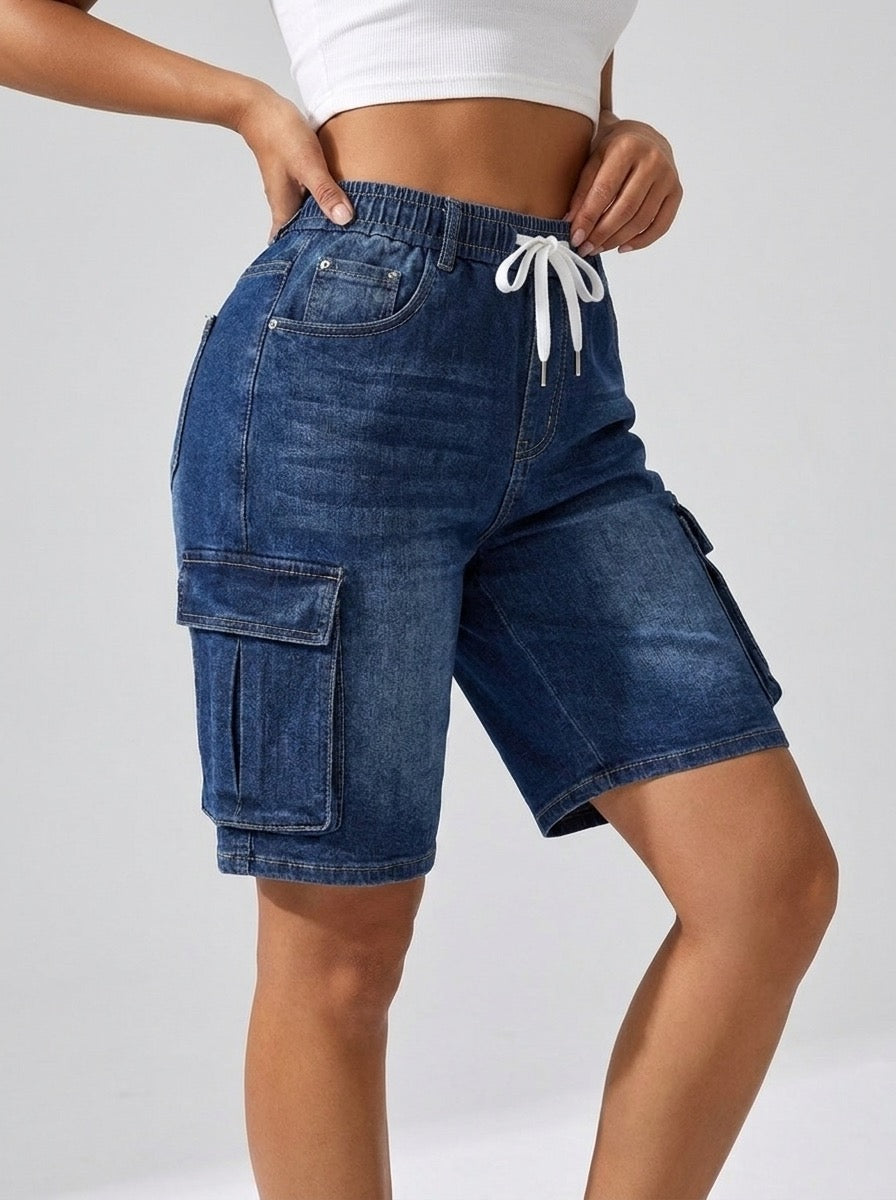 Vincenza Elastic-Cord Cargo Denim Shorts on model