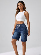 Vincenza Elastic-Cord Cargo Denim Shorts on model